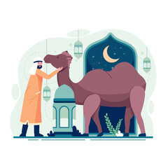 Muslim with camel on eid al-adha. Vector illustration