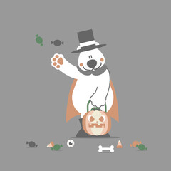 happy halloween holiday festival with polar bear and pumpkin and candy, flat vector illustration cartoon character design