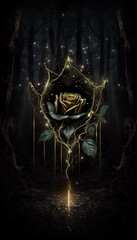 black rose with liquid gold dripping off of it in the middle of a mysterious forest