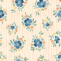 Delicate Chintz Romantic Meadow Wild Flowers and Stripes Vector Seamless Pattern. Cottagecore Garden Flowers and Foliage Print. Homestead Bouquet. Farmhouse Background - 583728903