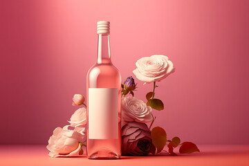 Bottle of rose wine and roses over pink background, ai generated