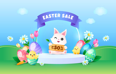 Happy Easter day sale background. Neon light podium with eggs, flowers, rabbit, chicks on spring green field.