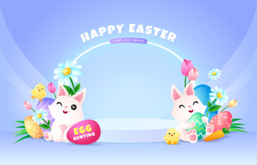 Happy Easter day neon style background with eggs, rabbits, chicks, flowers and podium
