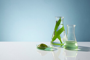 Front view of erlenmeyer flask and petri dish containing green seaweed leaves and essence on blue background. Scene for advertising cosmetic product of seaweed extract. Space for text and design - obrazy, fototapety, plakaty