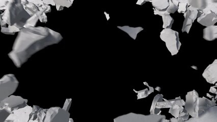 ground destructions falling through the camera.4k animation render with alpha channel.