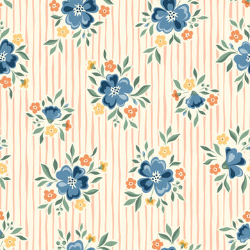 Delicate Chintz Romantic Meadow Wild Flowers and Stripes Vector Seamless Pattern. Cottagecore Garden Flowers and Foliage Print. Homestead Bouquet. Farmhouse Background