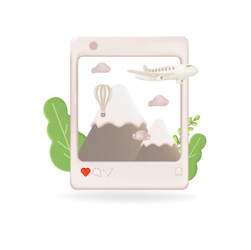 Instagram post frame. 3d illustration on the theme of travel. Plane, mountains, hot air balloon, clouds photos in instagram. Vector illustration