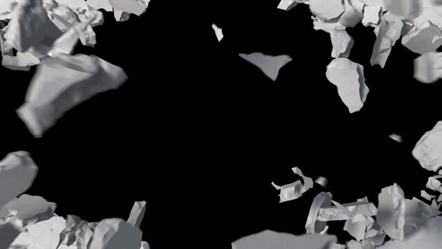 ground destructions falling through the camera.4k animation render with alpha channel.