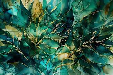 blue and green alcohol ink abstract of tropical leaves, light and airy, emerald green, gold