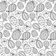 Easter eggs pattern, seamless background for Happy Easter greeting card. Cute outlined eggs with bows isolated on white for Spring holiday design, coloring book. Vector ilustration in doodle style.