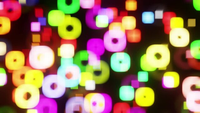 Colorful bokeh quadrangular shape rotating background for a nightclub, bar, music festival. Abstract disco colorful VJ Loop 3d render. Disco lights DJ set broadcast