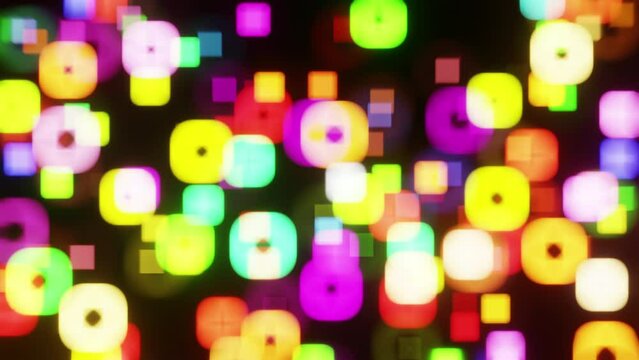Colorful bokeh quadrangular shape pulsating background for a nightclub, bar, music festival. Abstract disco colorful VJ Loop 3d render. Disco lights DJ set broadcast