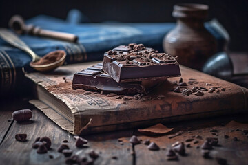 Chunks of artisanal chocolate on a wooden board