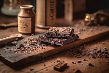 Chunks of artisanal chocolate on a wooden board