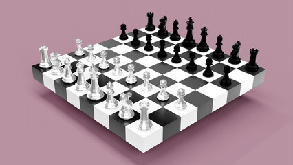 3d rendering of a chess board with a full set of figures in the starting position, Business intelligence icon