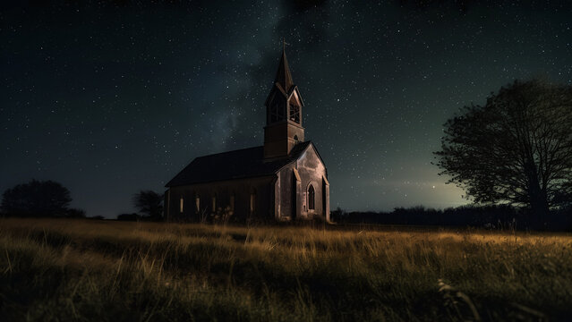 Illustration of an abandoned church at night