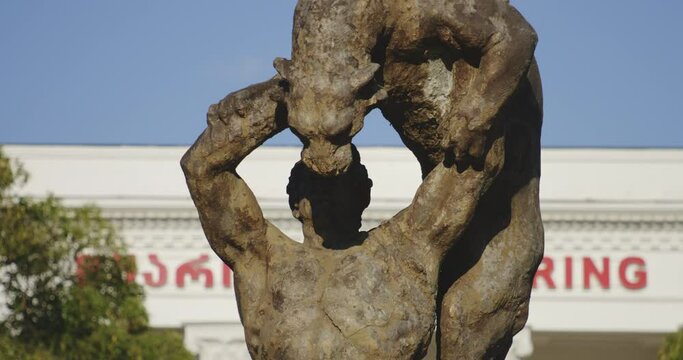 Georgian Mythology Statue Outside The Spring No. 6 In Tskaltubo, Georgia. closeup, zoom-out