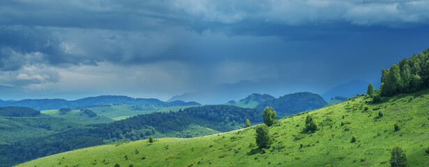 Mountains and hills in stormy weather, contrasting light, summer greenery of forests and meadows, panoramic view	