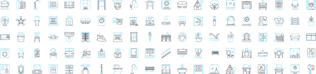 Furniture and interiors vector line icons set. Furniture, Interiors, Sofas, Chairs, Tables, Desks, Beds illustration outline concept symbols and signs
