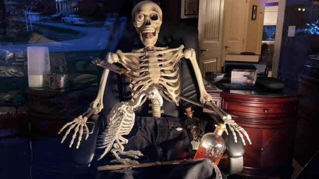 The skeleton is sitting on a chair he has an inserted eye he is looking out the window holding a bottle of rum in his hands wearing a sword and he is wearing black jeans Halloween Canada