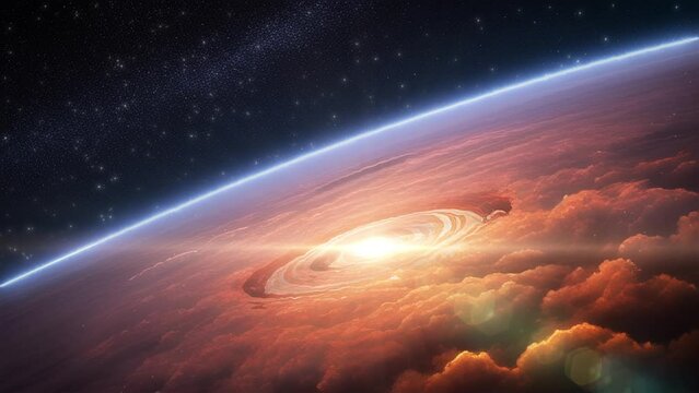 Shining light flare in the clouds on planet explosion background loop