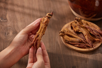 A red ginseng root in female hands on a matte brown wooden background. Red ginseng roots are placed...