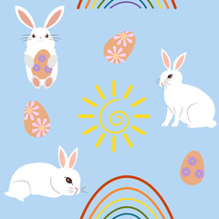 Easter holiday seamless pattern with bunnies, sun, rainbow and decorated Easter eggs