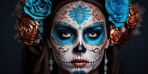 vPortrait of a woman wearing day of the dead mexican skull costume. Generative ai