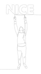 One continuous line of Man pointing with finger at Nice word. Thin Line Illustration vector concept. Contour Drawing Creative ideas.