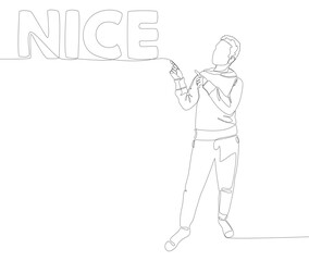 One continuous line of Man pointing with finger at Nice word. Thin Line Illustration vector concept. Contour Drawing Creative ideas.