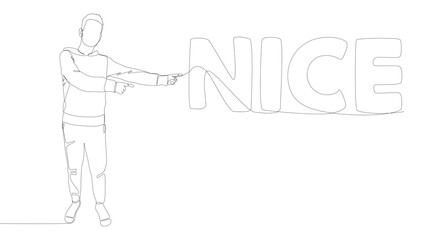One continuous line of Man pointing with finger at Nice word. Thin Line Illustration vector concept. Contour Drawing Creative ideas.