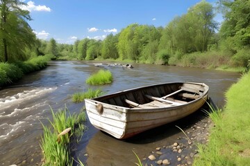 An image depicting a wooden boat on the river,AI generated