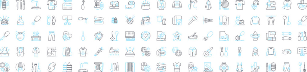 Sewing vector line icons set. Needlework, Seamstress, Fabric, Cutting, Hemming, Basting, Sew illustration outline concept symbols and signs