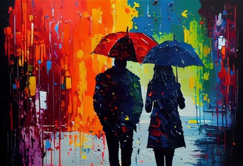 couple in the rain in Paris painting, vibrant colors ,abstract, splatter acrylic rain