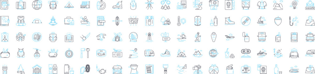 Vacation trips vector line icons set. Tours, Holidays, Travel, Cruises, Outings, Sightseeing, Adventures illustration outline concept symbols and signs