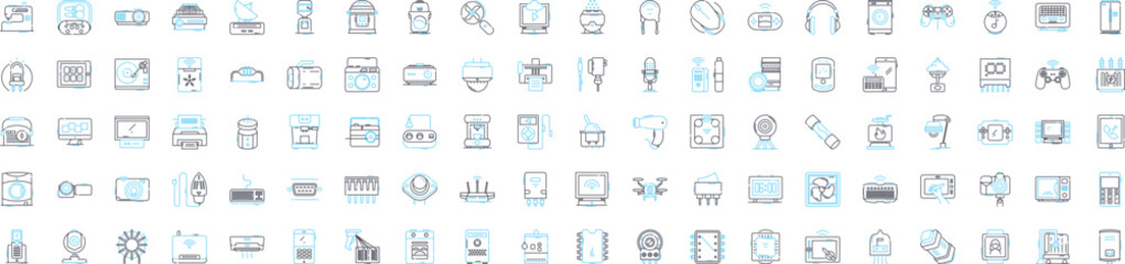 Electronic devices vector line icons set. Electronics, Devices, Digital, Components, Computers, Tablets, Phones illustration outline concept symbols and signs
