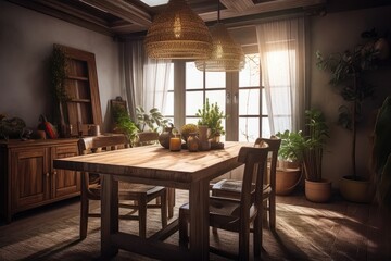Rustic Dining Room with Natural Materials and Vintage Accents 3. Generative AI