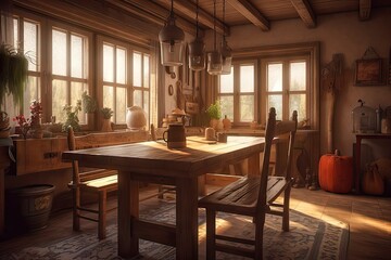 Fototapeta premium Rustic Dining Room with Natural Materials and Vintage Accents 2. Generative AI