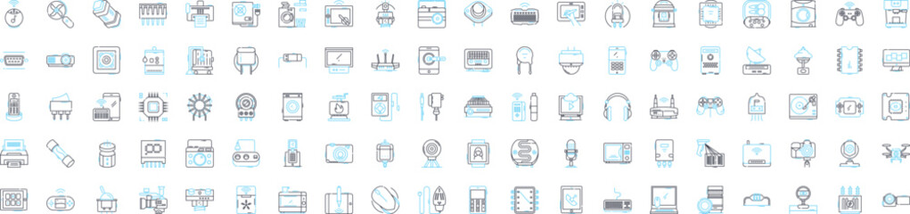 Consumer electronics vector line icons set. Electronics, Consumer, TVs, Radios, Stereos, Cameras, Computers illustration outline concept symbols and signs