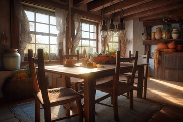 Fototapeta premium Rustic Dining Room with Natural Materials and Vintage Accents 1. Generative AI