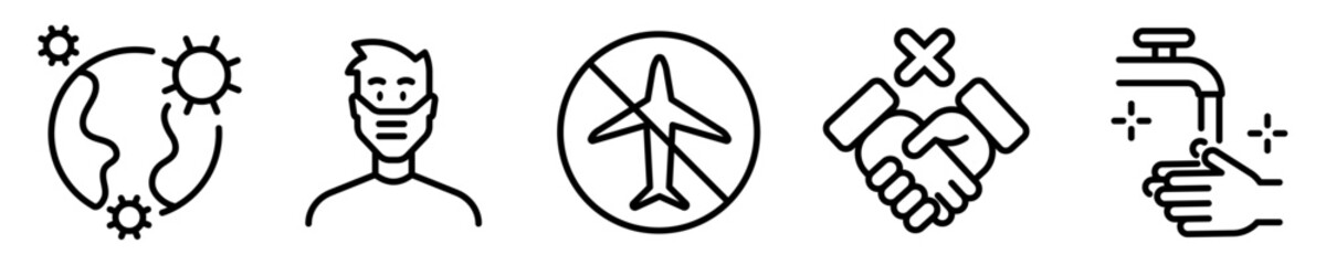 Conjunto de iconos de pandemias. Pandemia mundial, enfermedad, medidas de prevención. Ilustración vectorial