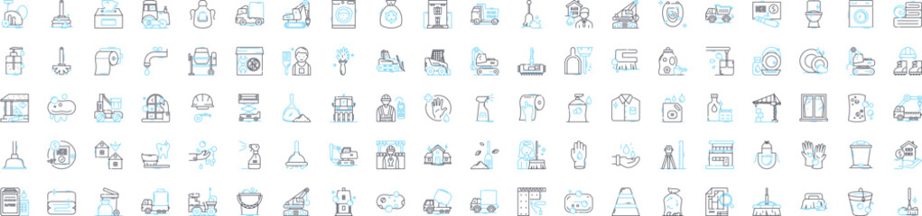 House cleaning vector line icons set. Mop, Vacuum, Dust, Wipe, Sweep, Scrub, Disinfect illustration outline concept symbols and signs