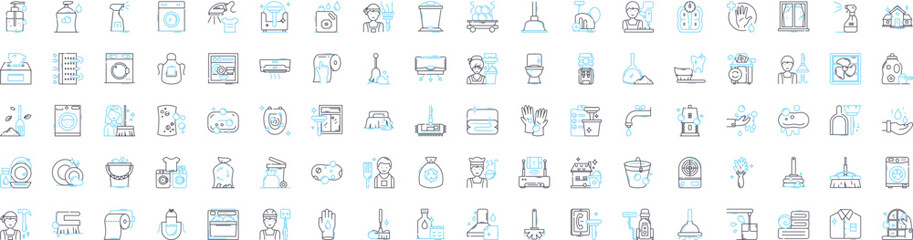 Cleaning vector line icons set. Scrubbing, Polishing, Washing, Sweeping, Sanitizing, Mopping, Disinfecting illustration outline concept symbols and signs © Nina