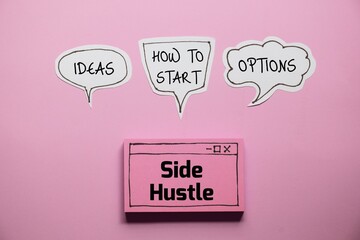 Side hustle Ideas Options concept on paper cut speech bubbles and hand drawn web browser on pink...