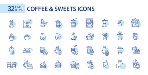 32 coffee, sweets and coffee shop equipment icons. Pixel perfect, editable stroke design