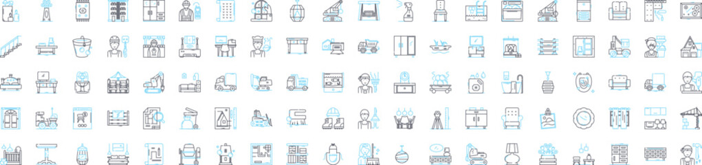 Household and furniture vector line icons set. Furniture, Sofa, Chair, Table, Couch, Shelves, Beds illustration outline concept symbols and signs