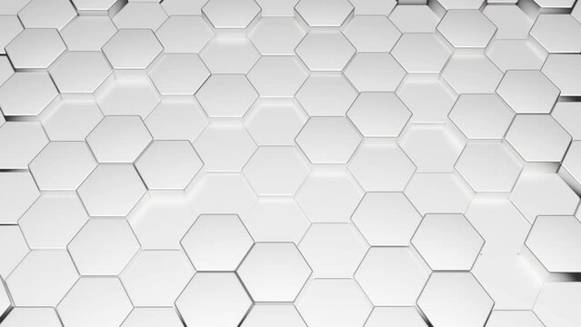 Background of white abstract metal hexagons moving up and down in different directions 3d render. Moving grid of hexagons with light and shadows. Geometric surface loop
