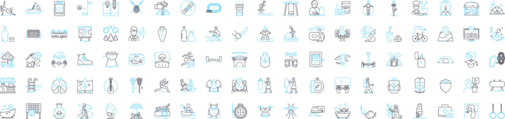 Recreation hobbies vector line icons set. Sports, Games, Camping, Fishing, Cooking, Biking, Hiking illustration outline concept symbols and signs