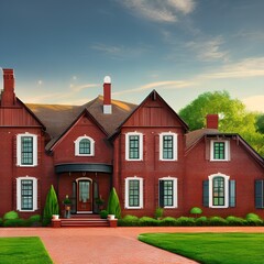 red brick farmhouse with a front lawn3, Generative AI