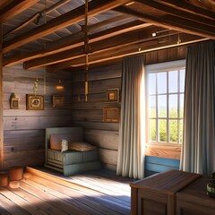 Fototapeta na wymiar upstairs bedroom of a farmhouse2, Generative AI
